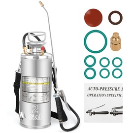 2 Gallon Stainless Steel Pump Sprayer - Hand Pump Sprayer with Pressure Gauge, Safety Valve&Adjustable Nozzle and Flat Nozzle, Garden Weed Sprayer with 20’’ Wand & 3FT Hose, Non-Corrosive Viton Seals