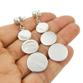 Triple Circle Long Heavy Solid 925 Sterling Silver Polished Dangle Earrings