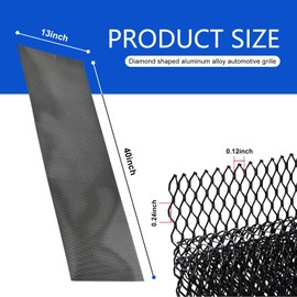 40"x13" Universal Car Grill Mesh, Aluminum Alloy Automotive Grille Insert Bumper, 3 x 6mm Rhombic Hole, Multifunctional Grille Mesh (Black)