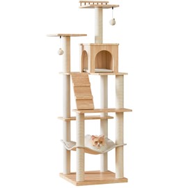 Quuzee Modern Cat Tree - 64 inch Cat Tower for Indoor Cats, Multi-Level Cat Condo with 7 Fully Wrapped Scratching Posts, 2 Perches, Hammock, Removable Pad & Dangling Balls-Light Brown