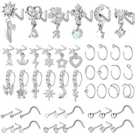Trnayi 48 Pcs Dangle Nose Rings for Women Nose Piercings Jewelry Studs Hoops with Charm Stainless Steel Indian Nostril Rings for Women(Silver)