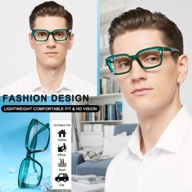 MARE AZZURO Retro Square Reading Glasses 1.00 Men Large Readers 100 125 150 175 200 225 250 275 300 350 400 500 600 (Green, 1.0)