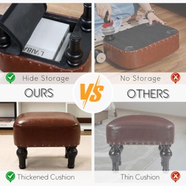 Ottoman Leather Foot Rest with Thicker Foam Padded Seat, Footstool with Wooden Legs (Brown)