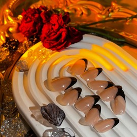 Valentine's Day Press on Fasle Nails Almond,Press on Nails Black French Tips Reusable Fake Nails Press on Medium Length 24pcs