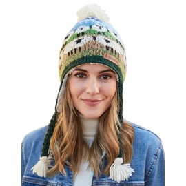 Pachamama Women Wool Bobble Beanie Hat Ear Flaps Handknitted Cute Sheep Design Multicoloured One Size Handmade Extra Warm Fair Trade