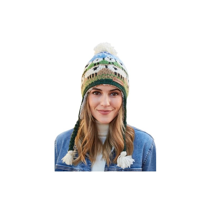 Pachamama Women Wool Bobble Beanie Hat Ear Flaps Handknitted Cute