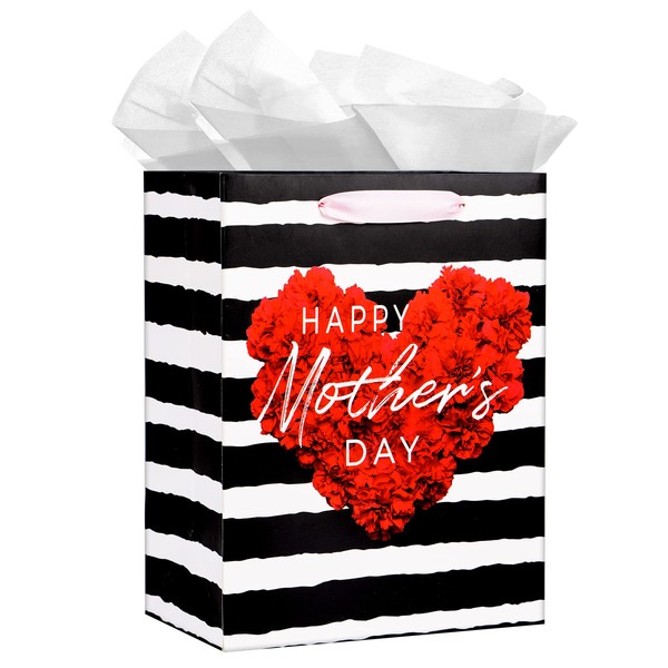 WaaHome Happy Mothers Day Gift Bag with Handle 13'' Large Red Carnation Gift Bags with Tissue Paper, Flower Mothers Day Gift Bags for Mom Mommy from Daughter Son