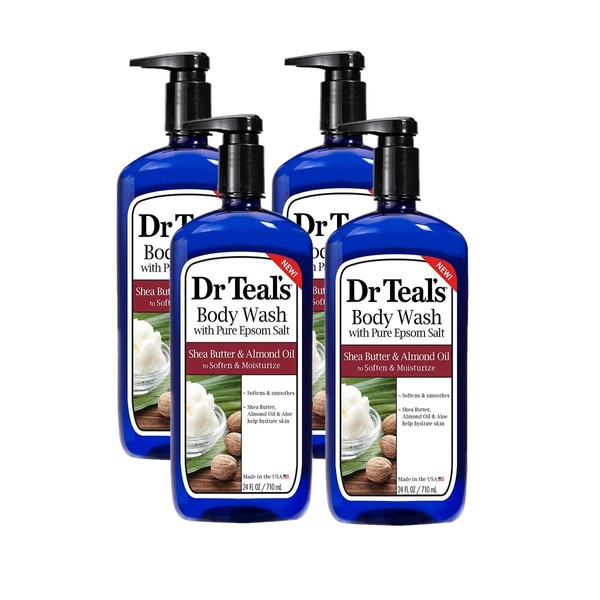 Dr Teal's Epsom Salt Bath and Shower Body Wash with Pump - Shea Butter and Almond Oil - Pack of 4, 24 Oz Each - Soften and Moisturize Your Skin, Relieve Stress and Sore Muscles …