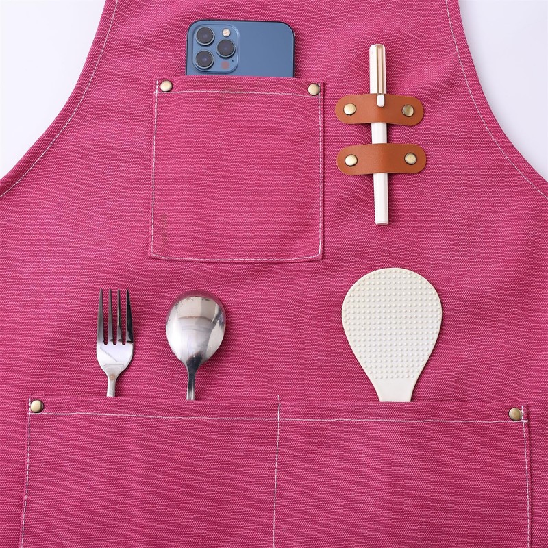 DEVECHO Chef Apron Medium-Thick Cotton Canvas,Cross Back with Multiple Pockets
