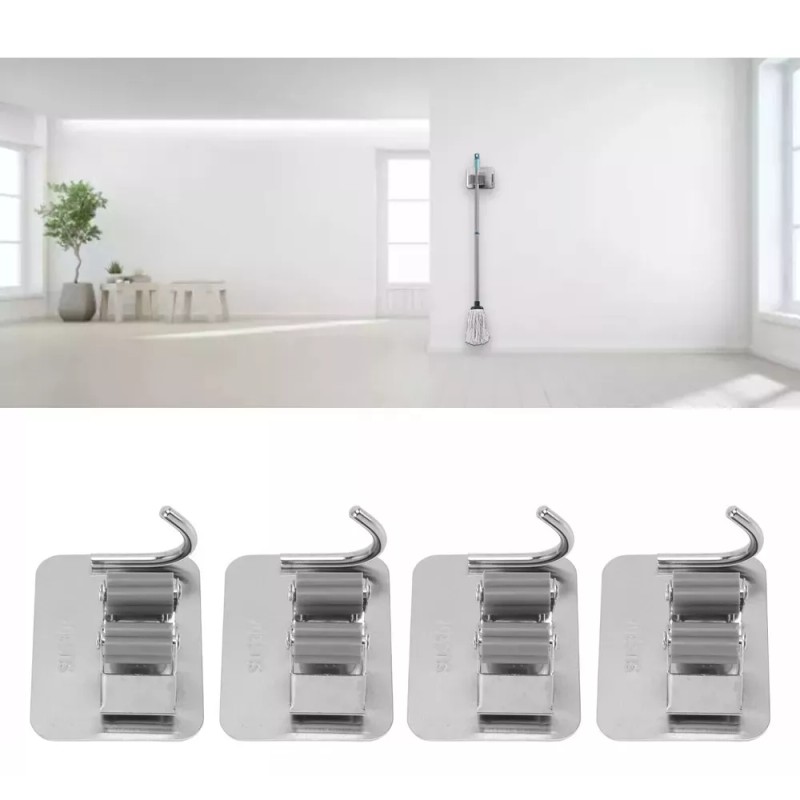 Rush Set 4 Soportes Ganchos Pared Metalicos Escoba Trapeador