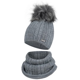 AJS Girls' Knitted Winter Hat with Tube Scarf Winter Set, gray