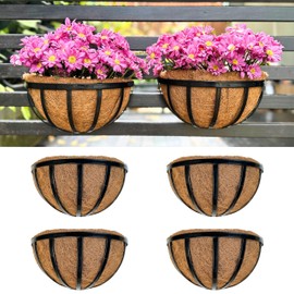 LalaGreen Wall Planters (4 Pack, 12 Inch) Black Metal Deck Railing Planter with Coco Liners, Wall Plant Holder Window Basket Flower Pots for Outdoor Plants, Horse Trough Modern Fence, Balcony, Patio