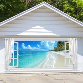 Beach Window Ocean Garage Door Cover, Summer Hawaiian Tropical Sea Beach Party Garage Door Background Decoration, Palm Tree Party Backdrop Banner Wedding Outdoor Large Size 16X7FT