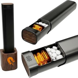 7 Day Weekly Pill Organizer, Premium Aluminum Build with Real Wood Base