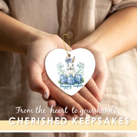 Welshower Easter Ornaments, Blue Chinoiserie Floral Easter Eggs Bunny Christmas Ornament, Bunny Gifts for Women Ceramic Hanging Heart Ornament Keepsake for Tree Car Decorations