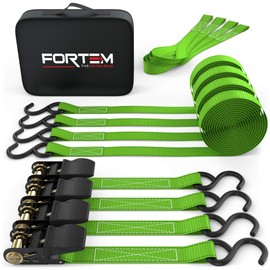 FORTEM Ratchet Straps, 1500lb Break Strength, 4 15ft Tie Down Strap Set, 4 Soft Loops, Motorcycle Straps Tie Downs, Cargo Straps for Trucks, Rubber Handles, Coated Metal Hooks, Carry Bag (Green)