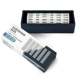 1500pcs Clothing Size Strip Labels Box Set, 1.25" x 5" Labels, 6 Rolls (XS, S, M, L, XL, XXL), 250 Labels/Roll, Clear Clothing Size Sticker Labels for Shirts, Pants, Accessories, Retail Clothing