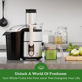 Eurolux Premium Juicer Machine, 800W Pro Centrifugal Juicer with Wide Mouth 3” Feed Chute for Whole Fruits and Vegetables, Easy to Clean, Stainless Steel, BPA-Free, Powerful Juice Extractor