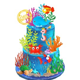 15 decoraciones para tartas de cumpleaños con temática de océano marino, decoración para tartas de pesca, animales del océano, decoraciones para tartas de mar, baby shower, suministros para fiestas de cumpleaños