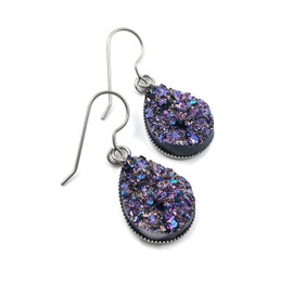 Metallic Purple Rainbow Faux Druzy Teardrop Earrings - 13x18mm Tear Drop Titanium and Surgical Stainless Steel, Nickel Free for Sensitive Ears