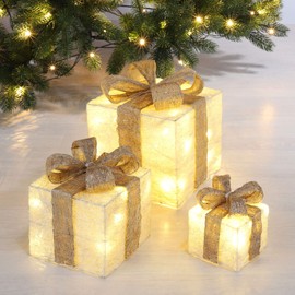 LED decorative gift boxes in cream - set of 3 incl. Timer function - Christmas decoration, Christmas gifts