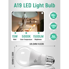 12 Pack LED Light Bulbs, 100 Watt Equivalent A19 Bulb, 15W 5000K Daylight, Super Bright White Light 1500 Lumens, Non-Dimmable E26 Standard No Flicker Energy Saving Lamp Bulb for Home, Bedroom, Office