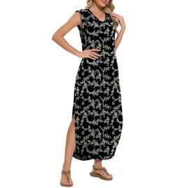 DouBCQ Women Summer Casual Maxi Dress V Neck Beach Dresses Cap Sleeve Split Dress with Pockets (White Flower Black, XXL)