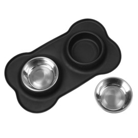 Dog Bowls with Mat, Cat Water Food Mat Bowl (13.5oz Each) in No Spill Non-Skid Silicone Mat, Double Pet Feeder Bowl Set for Puppy, Cats, Small Medium Dogs (Bone Shape, Black)