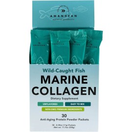 AMANDEAN Marine Collagen Peptides 30 Stick Packs, Wild Fish, Unflavored, Non‑GMO, 0 Carbs