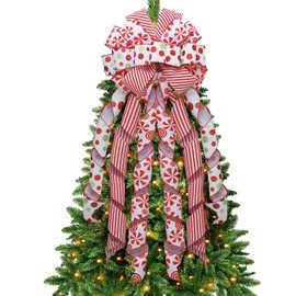 Baokcotei Christmas Tree Topper Wreath Bow Large Red Green Glitter Dot Bow Gift Red White Stripe Ribbons Ornaments for Xmas Garland Wedding Home Holiday Party Thanksgiving Indoor Outdoor Decor 46"x13"