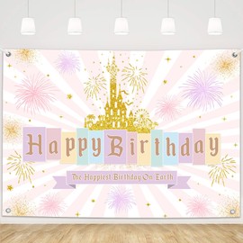 MEHOFOND 7x5ft Princess Castle Birthday Decorations Backdrop Pastel Rainbow Stripes Magical Background Gold Glitter Happiest Birthday On Earth Party Banner Photo Booth Props