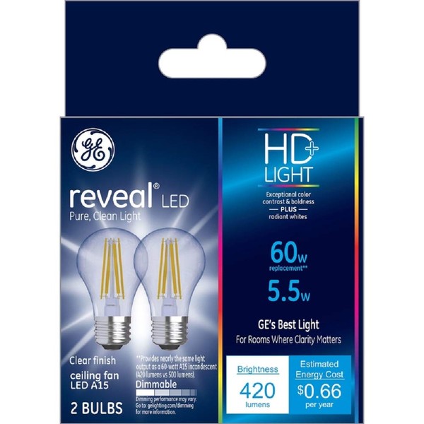 GE Reveal LED Light Bulbs, 60 Watt, A15 Ceiling Fan Bulbs, Medium Base (2 Pack)