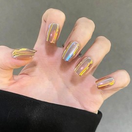 Press on Nails Gold Cat Eye Fake Nails Square Short Acrylic False Nails with Gold Chrome Ombre Designs Glossy Shiny Glitter Glue on Nails Metal Artificial Nails for Women Manicure & Nail Art 30 Pcs