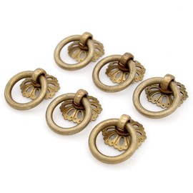 LXZ 6 PCs Vintage Antique Brass Ring Pulls with Hollowed-Out Dome Base - Pure Solid Brass Cabinet Hardware- Ring Size 1.2-in (3 cm)