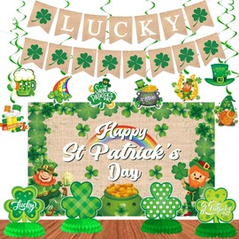 St Patricks Day Decorations Set, Happy St Patrick's Day Shamrock Backdrop, Burlap Lucky Banner Shamrock Garland, Saint Patricks Day Hanging Swirl, Honeycomb Centerpieces