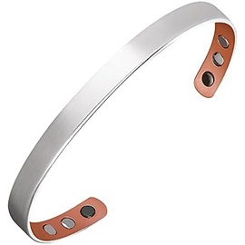 Lunavit Magnetic Copper Bracelet, Harmony Silver brushed, Slim, Made From Pure Copper, 2 Germanium Stones Ge32, 2 SmCo Magnets Each 2000 Gauss, XL