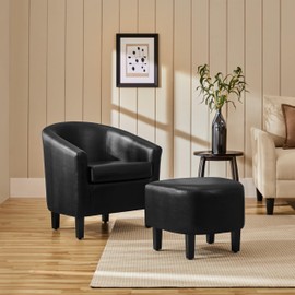 Topeakmart Accent Chair with Ottoman, Mid Century Modern Barrel Faux Leather Chair with Footrest Comfy Armchair and Ottoman Set, Upholstered Club Tub Chair for Living Room Bedroom Reading Room, Black