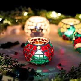 4 PCS Christmas Candle Holders, Mosaic Glass Tealight Votive Candle Holders, Red Green Christmas Table Centerpiece Decorations for Holiday Indoor Outdoor Christmas Decor
