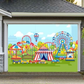 Fabric 7x5ft Cartoon Amusement Park Backdrop Carnival Circus Tents Ferris Wheel Roller Coaster Trains Cars Playground Background Kids Baby Shower Birthday Party Decor Banner Photo Props