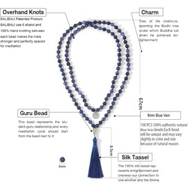 OAIITE 108 Mala Beads Necklace Semi-Precious Gem Stones Necklace 108 Hand Knotted Japa Mala Beaded Tassel Necklace with Tree of Life Pendant, Stone, Agate