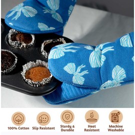 Folkulture Mini Oven Mitts Heat Resistant 5.75" x 9", Set of 2 Short Oven Mitts with Hanging Loop, 100% Cotton Oven Gloves or Bow Kitchen Mittens, Small Silicone Oven Mits, Baking Accesories