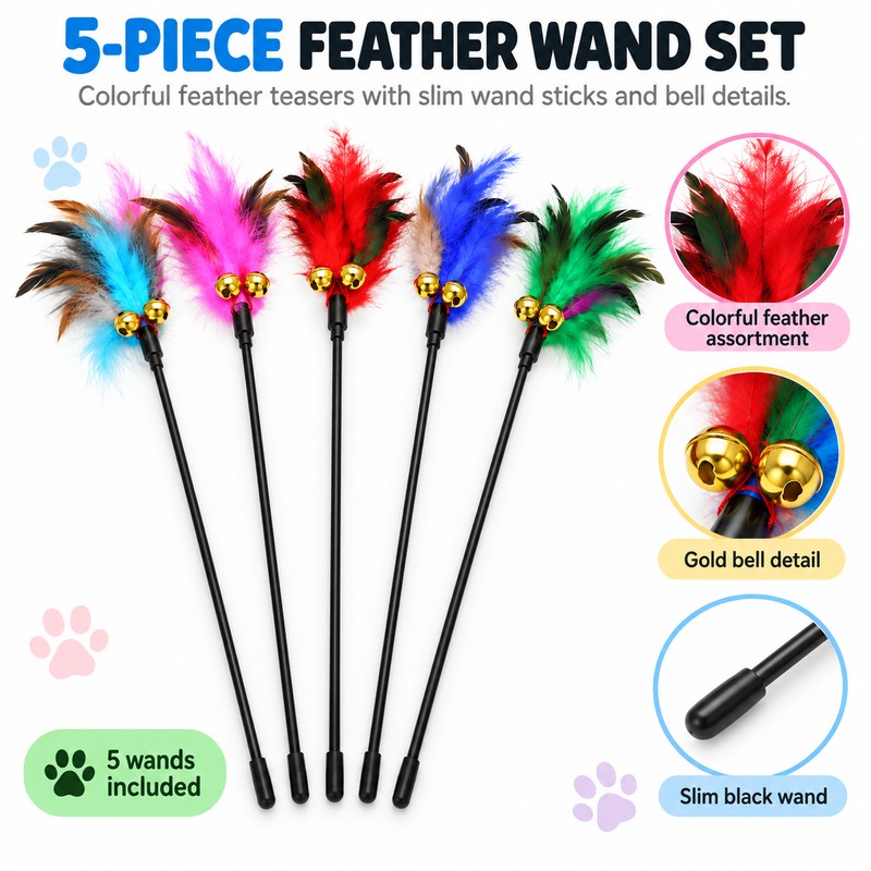 5-Piece Cat Feather Wand Toy Set for Interactive Play –