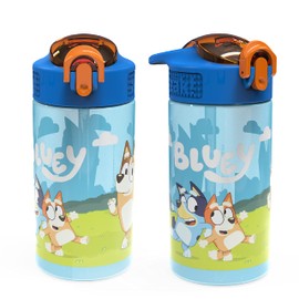Zak Designs Bluey Kids - Cubierta de boquilla de plástico duradera y bucle de transporte integrado, diseño de agua a prueba de fugas para viajes, (16 onzas, juego de 2 piezas), botella azul 2 unidades