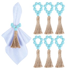 Meplait 6 Pieces Wooden Bead Napkin Rings Boho Napkin Rings for Dining Table, Wedding Decoration (Blue)