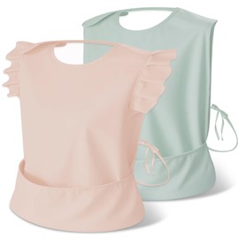 FIOLLU Nursing Apron, Waterproof, For Meals, Set of 2, Wash, Replacement, Bulk Buy, 3D Pockets, Unisex (2 Pieces, Milky Pink (Frilled) & Pistachio Green)