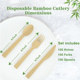 ECOLipak ECOLipak 300 Count Bamboo Cutlery Set, 100 Knives, Forks and Spoons each, No Splinters Disposable Cutlery Set Compostable Utensils for Party, Camping, Traveling, Family Dinners