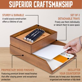 Demigo Desk Organizer Letter Tray Set of 2, Acacia Wood Tabletop Desktop for Storage Paper Letter Folders Notebooks Copy Print, Workspace Holder, Keep Stationery Saver (Brown)