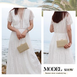 EVEOUT Straw Clutch for Women Straw Evening Handbag Summer Woven Wedding Bag Shoulder Bag Straw Box Clutch for Party Holiday, Natural Color 02
