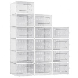 X-Large Shoe Storage Box, 15 Pack Clear Plastic Stackable Shoe Organizer for Closet, Interlocking Design Shoe Container Bins for Sneakers, Foldable Shoe Rack with Lids, White