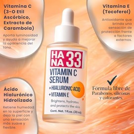 Serum Facial Vitamina C + Vitamina E y Ácido Hialurónico | Ilumina la apariencia de la piel | Textura ligera | Hidratación profunda y brillo saludable | Antioxidante cosmético | 30 ml